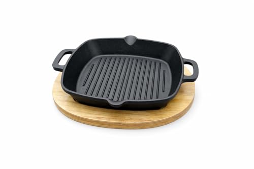 KitchenLife Co 8.5" Personal Sized Pre-Seasoned Cast Iron Grill Pan with Heat-Resistant Oak Wood Base, Square Stovetop Pan with Dual Handles & Pour Spouts, Oven & BBQ Ready, Lasts Decades