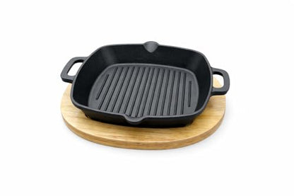 KitchenLife Co 8.5" Personal Sized Pre-Seasoned Cast Iron Grill Pan with Heat-Resistant Oak Wood Base, Square Stovetop Pan with Dual Handles & Pour Spouts, Oven & BBQ Ready, Lasts Decades