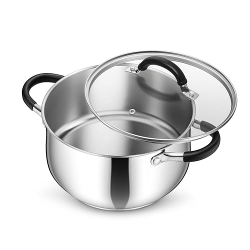 P&P CHEF Stainless Steel Stock Pot, 5 Qt Cooking Soup Pot with Visible Lid for Pasta, Tri-Ply Bottom & Dual Heatproof Handles, For Induction Gas All Stoves, Non-Toxic & Dishwasher Safe