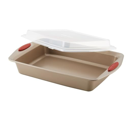 Rachael Ray Cucina Nonstick Bakeware Set Baking Cookie Sheets Cake Muffin Bread Pan, 10 Piece, Latte Brown with Cranberry Red Grips
