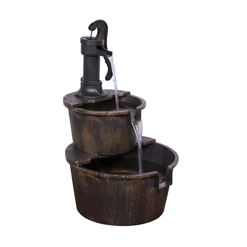 Alpine Corporation 27" Tall Rustic Outdoor 2-Tier Barrel Pump Water Fountain with Soothing Cascading Water Flow for Patio, Yard, Porch, or Landscape, Bronze