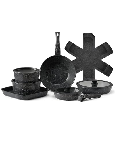 VEVOR 17 Piece Pots and Pans Set, Granite Nonstick Detachable Handle Cookware, Space Saving Induction Cookwares, Kitchen RV Cooking Sets with Frying, Sauce, Saute, Tempered Glass Lid, Oven Safe, Black