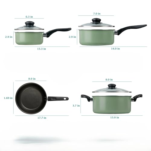 CLMSTE Black 7 Piece Non Stick Aluminium, Pots and Pans Cookware Set (Green Sage)
