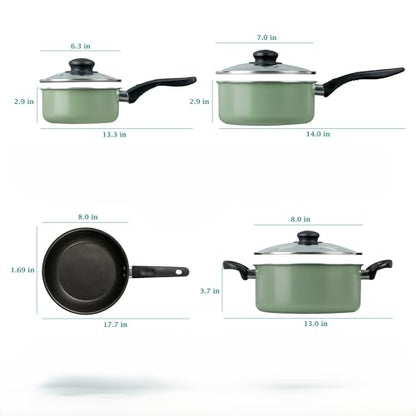 CLMSTE Black 7 Piece Non Stick Aluminium, Pots and Pans Cookware Set (Green Sage)