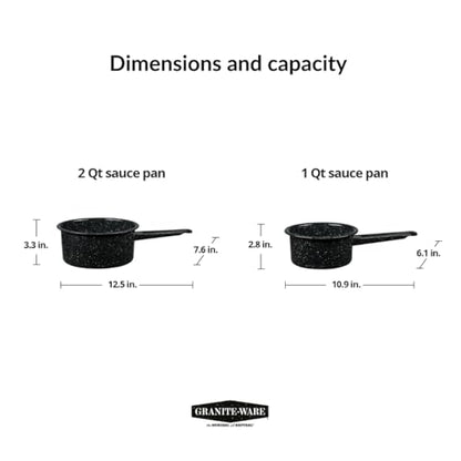 Granite Ware Non-Stick Saucepan Set with Steel Core, 1 & 2 Quart - Durable & Scratch-Resistant Pot for Soups and Sauces - Fast, Even Heating - Non-Toxic Cookware Essentials (Speckled Black)