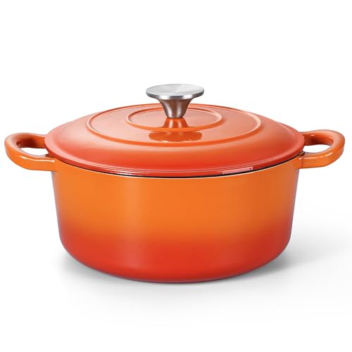 Herogo Enameled Cast Iron Dutch Oven with Lid and Dual Handles, 3QT Heavy Duty Round Dutch Oven Pot for Bread Baking Stewing Roasting, Nonstick & Easy Cleanup, Safe for Various Stovetops - Orange
