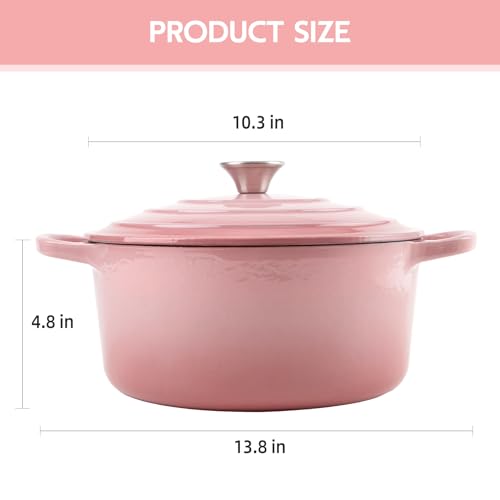 6 Quart Dutch Oven Enameled Cast Iron with Lid - Big Dual Handles - Oven Safe up to 500°F - Classic Round Pot for Versatile Cooking Pink