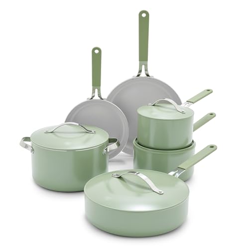 GreenLife 10-Piece Nonstick Ceramic Cookware Set, Lightweight Healthy PFAS-Free Pots & Pans with Lids, Dishwasher & Oven Safe, Durable Body, Silicone Stay-Cool Handles, Easy Release, Sage Green