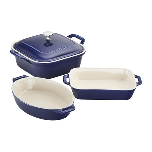 Staub Ceramic 4-pc Baking Pans Set, Casserole Dish with Lid, Brownie Pan, Dark Blue