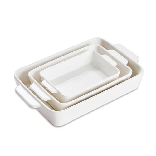 Casserole Dishes For Oven, Ceramic Baking Dishes 15.7"/12.3"/9.4", Large Lasagna Baking Dish with Handle, Ceramic Bakeware Set for Cooking Deep Baking Pan Set of 3 White