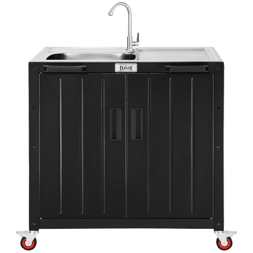 Feasto Outdoor Kitchen Island with Stainless Steel Sink and Storage Cabinet, 35-Inch BBQ Prep Station with Faucet & Lockable Wheels for Patio, Backyard, and Outdoor Cooking, Black & Silver