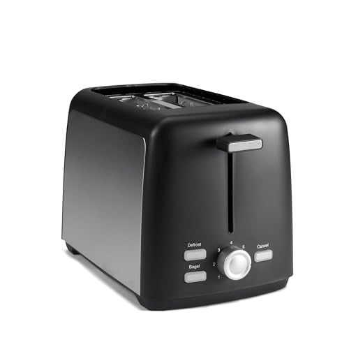 Amazon Basics 2 Slice Toaster, Extra Wide Slots for Bagels and Specialty Breads, 7 Browning Levels, Removable Crumb Tray, Defrost/Cancel/Bagel Buttons, 800W, Black & Silver