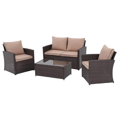 JOIVI Patio Furniture Set, 4 Piece Outdoor Patio Conversation Set, All-Weather PE Rattan Wicker Sectional Patio Sofa Set with Tempered Glass Coffee Table, Brown