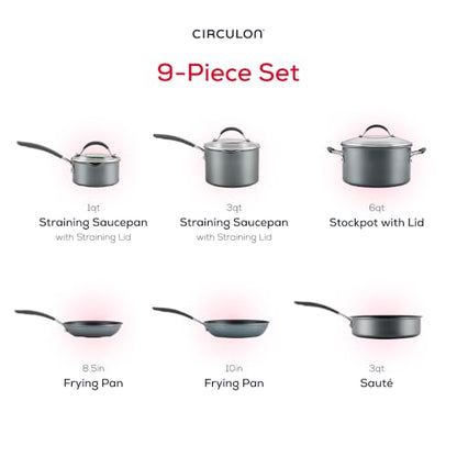 Circulon A1 Series with ScratchDefense Nonstick Induction Pots and Pans Cookware Set, Induction Cookware, Kitchen Essentials, 9-Piece, Graphite