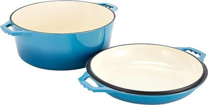 Bruntmor 2-in-1 Enamel Cast Iron Dutch Oven With Handles - Crock Pot Blue Cast Iron pot with Skillet lid - All-in-One Cookware Braising Pan for Casserole Dish - 7 Quart, Blue