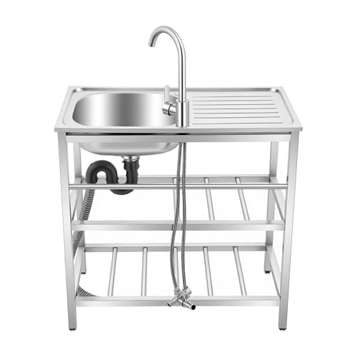 BANEBONE Portable Commercial Stainless Steel Freestanding Single Bowl Utility Sink Set - Outdoor Kitchen Sink for Restaurant Cafe Hotel Garage and Laundry Room with 2-Tier Storage Shelves (H 30.7in)
