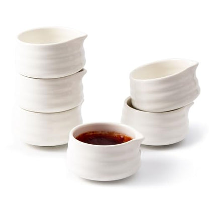 YumiPLUS 6pcs Ceramic Dipping Bowl with Spout, 3OZ Porcelain Mini Ramekins, Small Condiment Dish, Cute Pinch Bowl Set, Sauce Dish for Sushi/Ketchup/BBQ,Oven Safe