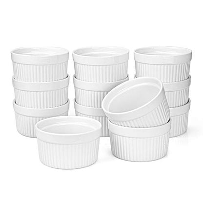 Foraineam Set of 12 Pcs 6 oz Porcelain Souffle Dishes, White Ramekins Bakeware Set Dessert Custard Baking Cups for Baking, Cooking, Serving and More