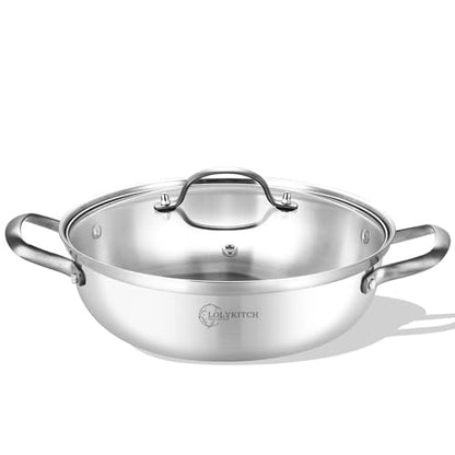 LOLYKITCH 13 Inch Tri-Ply Stainless Steel Sauté Pan with Lid,Everyday Pan,Kadhai,Jumbo Cooker,5 QT Induction Cooking Pot,Dishwasher and Oven Safe