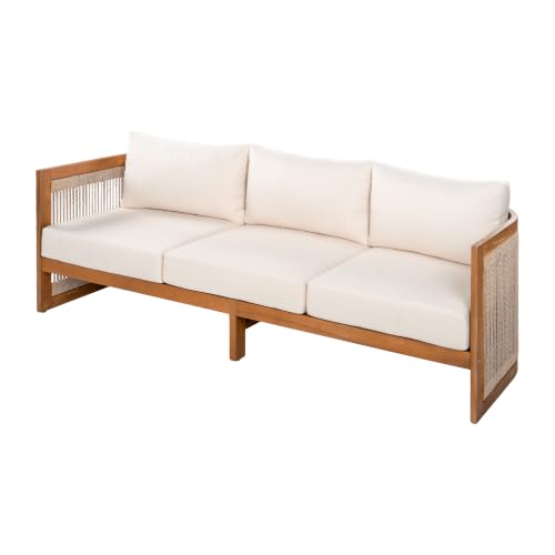 Christopher Knight Home Ayla 7-Seater Patio Furniture Set with Coffee Table, Set of 4 Outdoor Swivel Accent Chair and Sofa Set, 5 Piece Outdoor Acacia Wood Conversation Set with Cushion, Teak+Beige