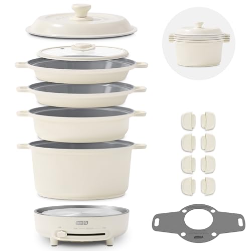 Dash Stacks Stacking Cookware Set with Electric Burner - Features CleanCoating™ Ceramic Nonstick Coating - Versatile, Nestable Pieces - Convenient Storage - Cream, 16-Piece
