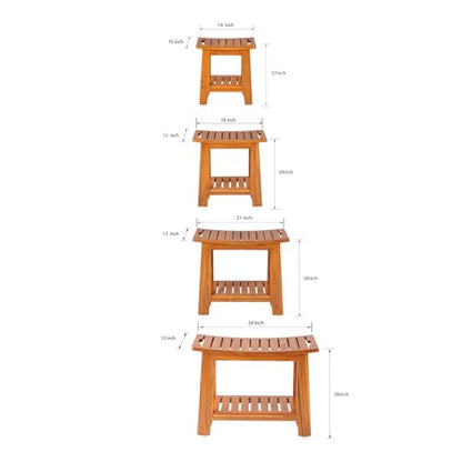 14" Compact Teak Shower Stool with Shelf & Handle - Waterproof, Non-Slip Bath Bench for Small Bathrooms/Tub/Outdoor Use, 300 lbs Capacity (Patented)