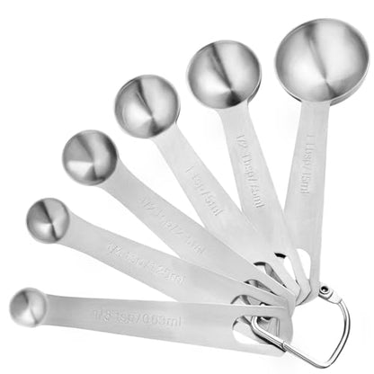 Stainless Steel Measuring Spoons Set, 6 Piece Metal Measuring Spoon Set for Dry & Liquid Ingredients, Heavy Duty 18/8 Steel with Engraved US & Metric Marks, Nesting Kitchen Spoons for Cooking Baking