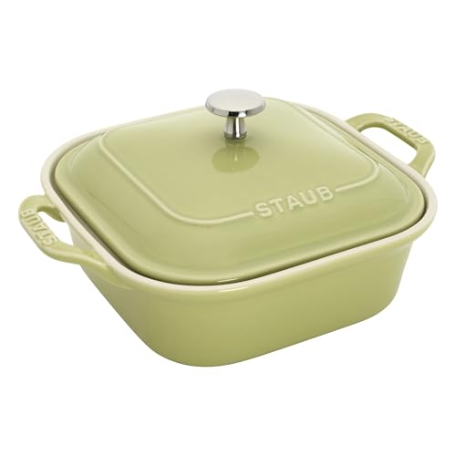 Staub Ceramic 4-pc Baking Pans Set, Casserole Dish with Lid, Brownie Pan, Light Green