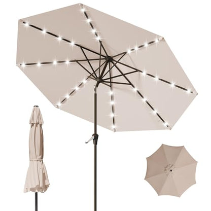 Tobeos 9FT Patio Umbrella with Solar Lights,Outdoor Market Umbrella with Tilt and Crank, LED Lighted Table Umbrella for Garden,Deck,Backyard,Pool,Beach (Beige)