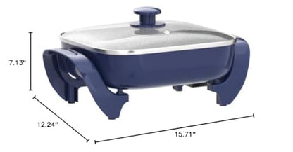 GreenLife 12" 5QT Square Electric Skillet, Glass Vented Lid, Ceramic PFAS-Free Nonstick Coated Interior, Adjustable Temperature Control, Cool Touch Handles, Quick Even Heating, Scratch Resistant, Blue