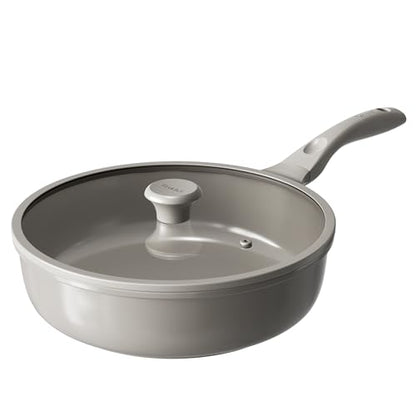 Redchef Ceramic Coated Nonstick Frying Pan with Cover, Large Deep Saute Pan Skillet, Induction Ready, Dishwasher Safe, PFOA PFOS Free, Non Toxic, Glass Lid Large Deep Frying Pan, Grey (5.5Qt, 12")