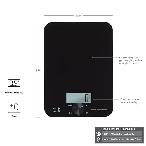 KitchenAid KQ914BA Digital Glass Top Kitchen and Food Scale, 11 lb Capacity, Measures Liquid & Dry Ingredients, Rotating Knob, Precise Results for Baking, Cooking, Keto and Meal Prep, Tare, Black