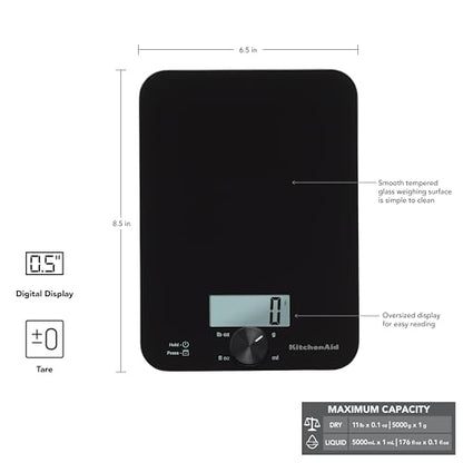 KitchenAid KQ914BA Digital Glass Top Kitchen and Food Scale, 11 lb Capacity, Measures Liquid & Dry Ingredients, Rotating Knob, Precise Results for Baking, Cooking, Keto and Meal Prep, Tare, Black
