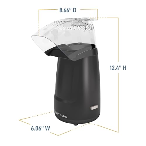 West Bend Air Crazy Hot Air Popcorn Popper Machine 4-Quart Oil-Free Popping for Healthier Snacks Dual-Purpose Measuring and Butter Cup On/Off Switch Compact Design, in Black