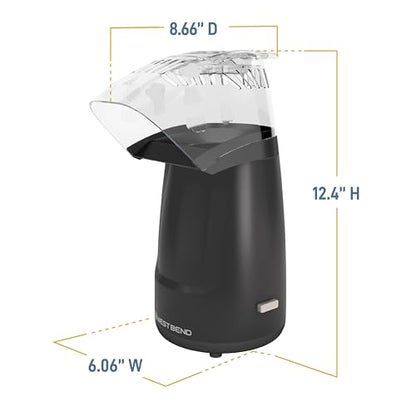 West Bend Air Crazy Hot Air Popcorn Popper Machine 4-Quart Oil-Free Popping for Healthier Snacks Dual-Purpose Measuring and Butter Cup On/Off Switch Compact Design, in Black