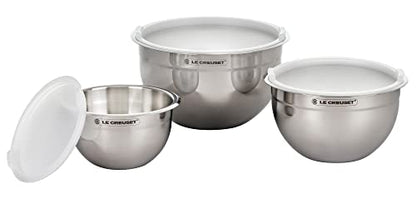 Le Creuset Set of 3 Nested Mixing Bowls w/Nonslip Silicone Base & Plastic Air Tight Lids