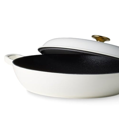 CAROTE 3.4QT Enameled Cast Iron Braiser Pan, Shallow Dutch Oven Casserole Skillets, Non-Toxic Cast Iron Pot with Lid for Grilling, Searing, Baking, Dual Handles, All Stovetop Compatible, White