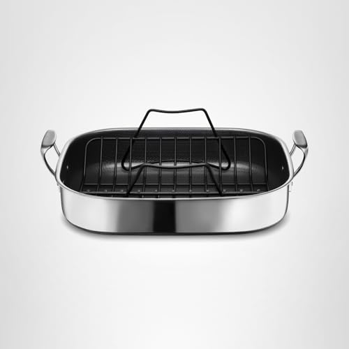 HexClad Hybrid 17 x 14 Inch Rectangular Nonstick Roasting Pan with Rack, Dishwasher-Friendly, Oven-Safe Up to 900°F, Compatible with All Cooktops