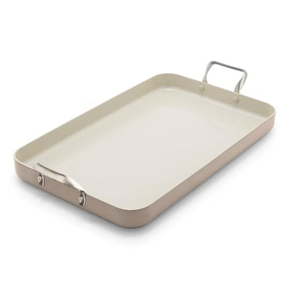 GreenPan 18" x 11" Double Burner Griddle Pan, Hard Anodized Healthy Ceramic Nonstick PFAS-Free, Stainless Steel Handles, Stovetop Cooking, Dishwasher Safe, Oven & Broiler Safe Cookware, Taupe