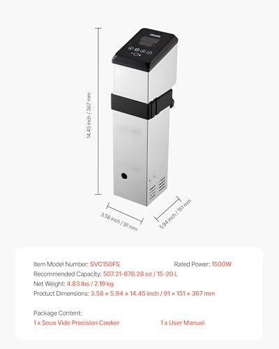 VEVOR Sous Vide Precision Cooker, 1500W Sous-Vide Cooking Machine, Immersion Circulator with LED Digital Display, Adjustable Screw Clamp, Fast-Heating, Accurate Temperature & Timer Control, Sous-Vide