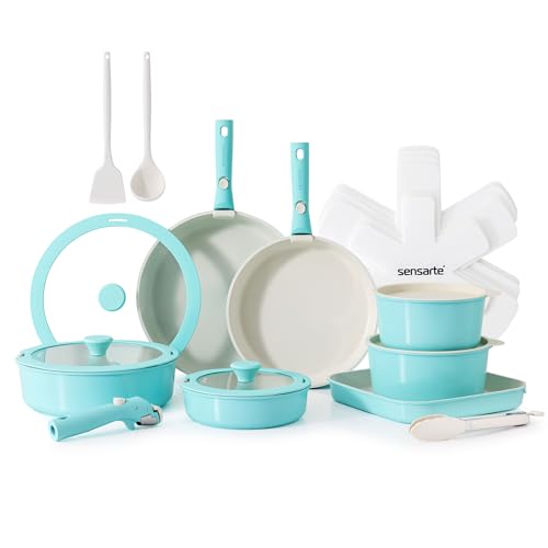 SENSARTE 24 Piece Ceramic Pots and Pans Set, Nonstick Detachable Handle Cookware, Induction Cookware Set with Removable Handle, Healthy Non Stick for RV, Dishwasher＆Oven Safe, PFOA Free (Turquoise)