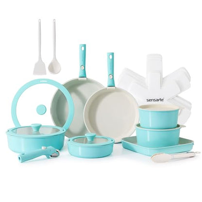 SENSARTE 24 Piece Ceramic Pots and Pans Set, Nonstick Detachable Handle Cookware, Induction Cookware Set with Removable Handle, Healthy Non Stick for RV, Dishwasher＆Oven Safe, PFOA Free (Turquoise)