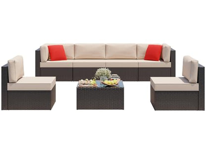 Vongrasig 7 Pieces Patio Furniture Sets, Outdoor Modular Sectional Sofa Patio Conversation Set PE Rattan Wicker Sectional Couch with Cushion, Glass Table for Patio, Garden, Poolside, Beige
