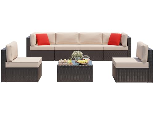 Vongrasig 7 Pieces Patio Furniture Sets, Outdoor Modular Sectional Sofa Patio Conversation Set PE Rattan Wicker Sectional Couch with Cushion, Glass Table for Patio, Garden, Poolside, Beige