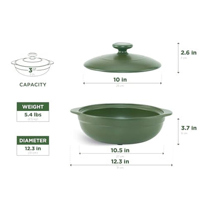 MINH LONG 3-Qt Porcelain Dutch Oven with Lid – Lead & Cadmium Free, Oven Safe to 482°F, Heat Retention, Clay Pot for Cooking on Gas & Infrared Cooktop, Use to Marinate, Cook, Bake, Refrigerate & Serve