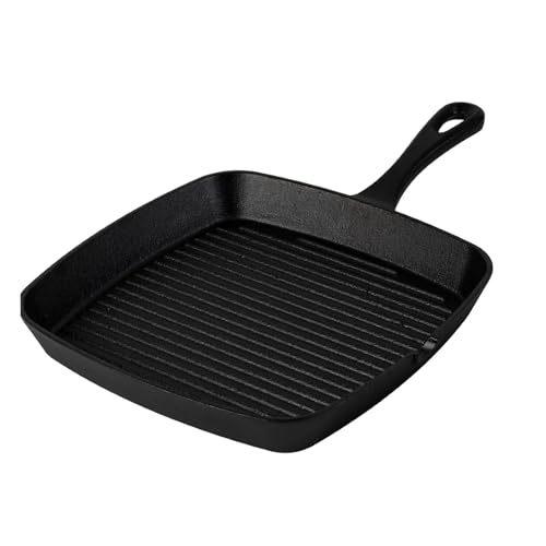 Tastedeli Cast Iron Grill Pan,9.25" Pre Seasoned Skillet with Pour Spouts,Silicone Handle Cover for Indoor and Outdoor Grilling,Durable Oven Safe,Stove Campfire Use(Black)