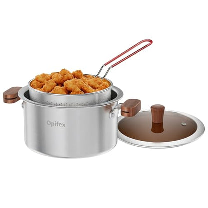 Opifex Deep Fryer Pot with Basket,2.8L Stockpot for 1-2 people Home Use and camping Frying, Pasta, Soup & Stews, 304 Stainless Steel,Strainer Basket for All Stovetops