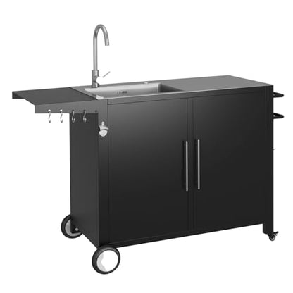 JFHID Grill Table with Sink, Outdoor Stainless Steel Kitchen Island Cabinets Sink Station with Hose Hook up & Lockable Casters, Rolling BBQ Table for Backyard