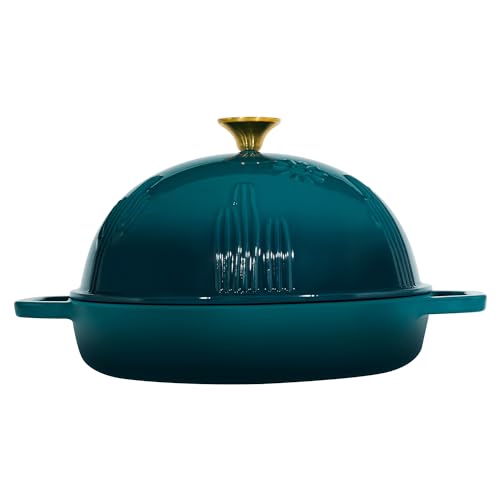 Flavehc Bread Oven Cast Iron Bread Dutch Oven with Cloche Lid for Bread Baking Darkcyan Enameled Cast Iron Bread Oven with Dome Lid for Sourdough, 9.8 Inches