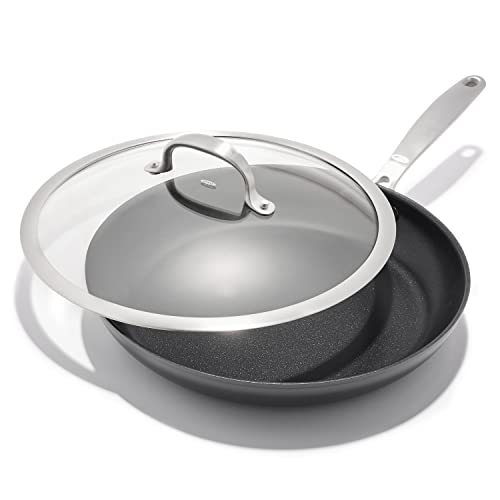 OXO Enhanced 12” Nonstick Frying Pan Skillet with Lid, Ceramic PFAS-Free Cookware, Durable Hard Anodized, Scratch Resistant, Stainless Steel Handle, Eggs & Omelets, Dishwasher & Oven Safe, Black